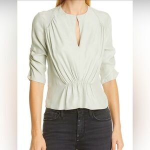 FRAME Shirred Keyhole Silk Blouse Size M Sage Green GUC
